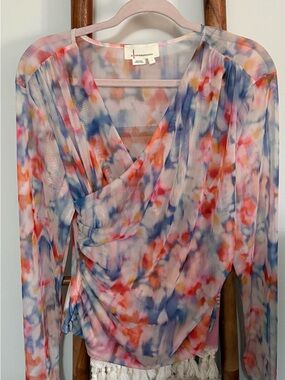 Anthropologie Sheer Floral Blouse in Blue, Coral & Pink